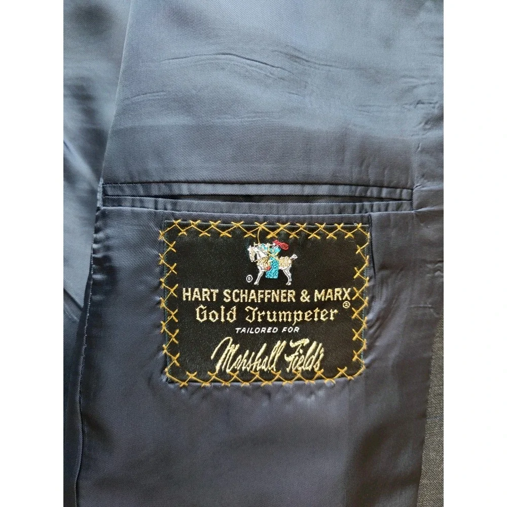 Hart Schaffner Marx Mens Wool Sports Coat 42L Gray Blue Plaid Gold Trumpeter USA